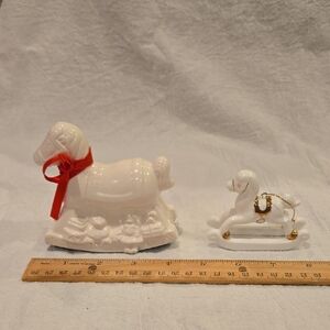 White Ceramic Rocking Horse Figurines Set Of 2 (1990s)